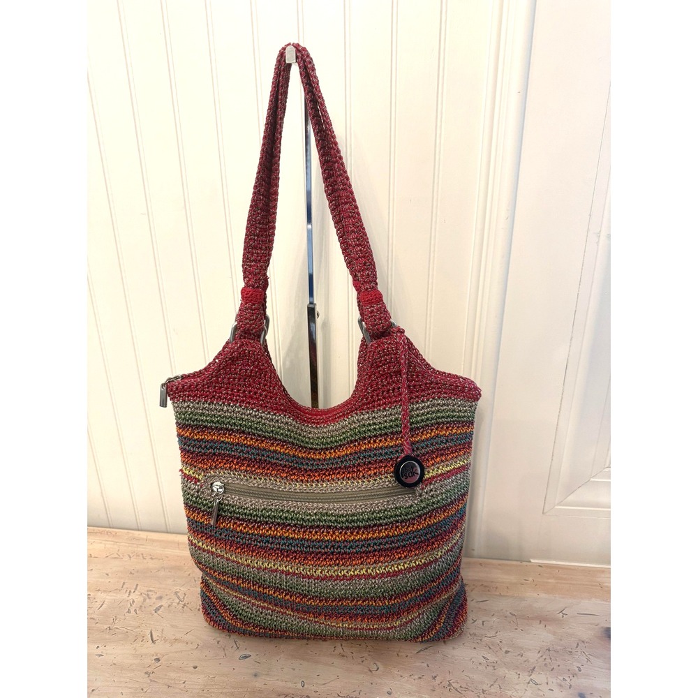 The Sak Striped Crochet Hobo Shoulder Bag Colorful Boho Hippie Tote Belle